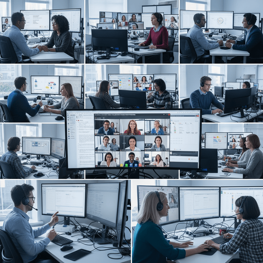 Diverse team of professionals in a modern office collaborating on global training materials across multiple screens