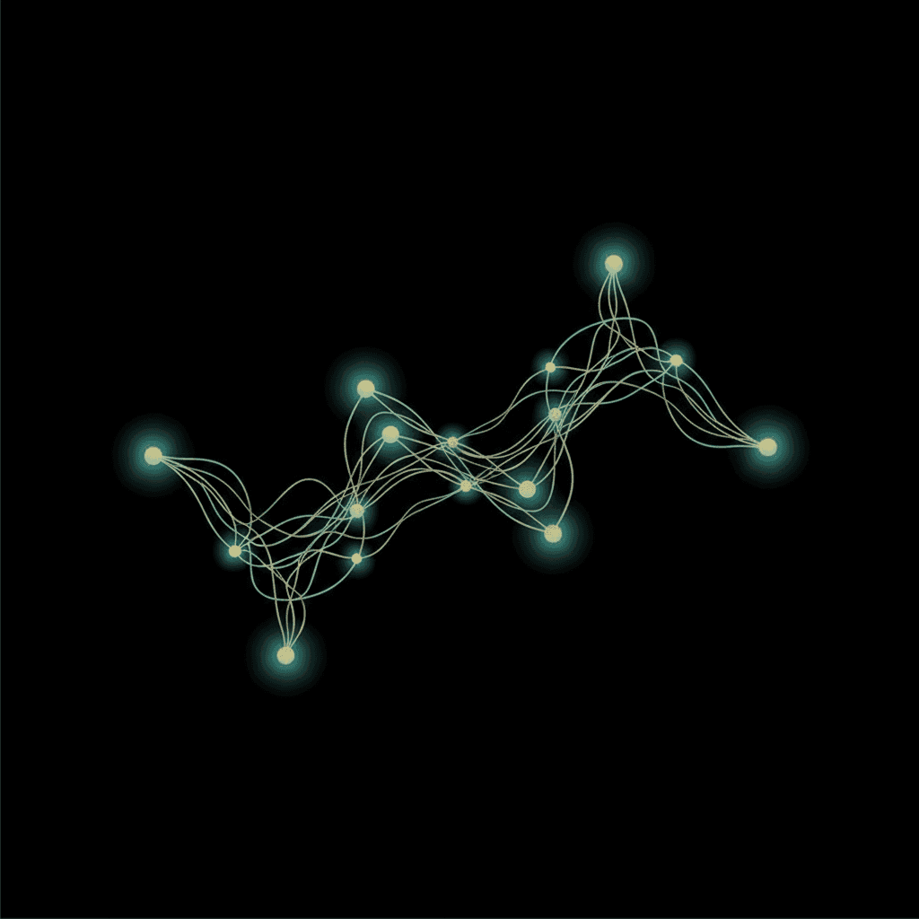 Abstract visualization of AI neural networks and language processing with glowing blue nodes on dark background